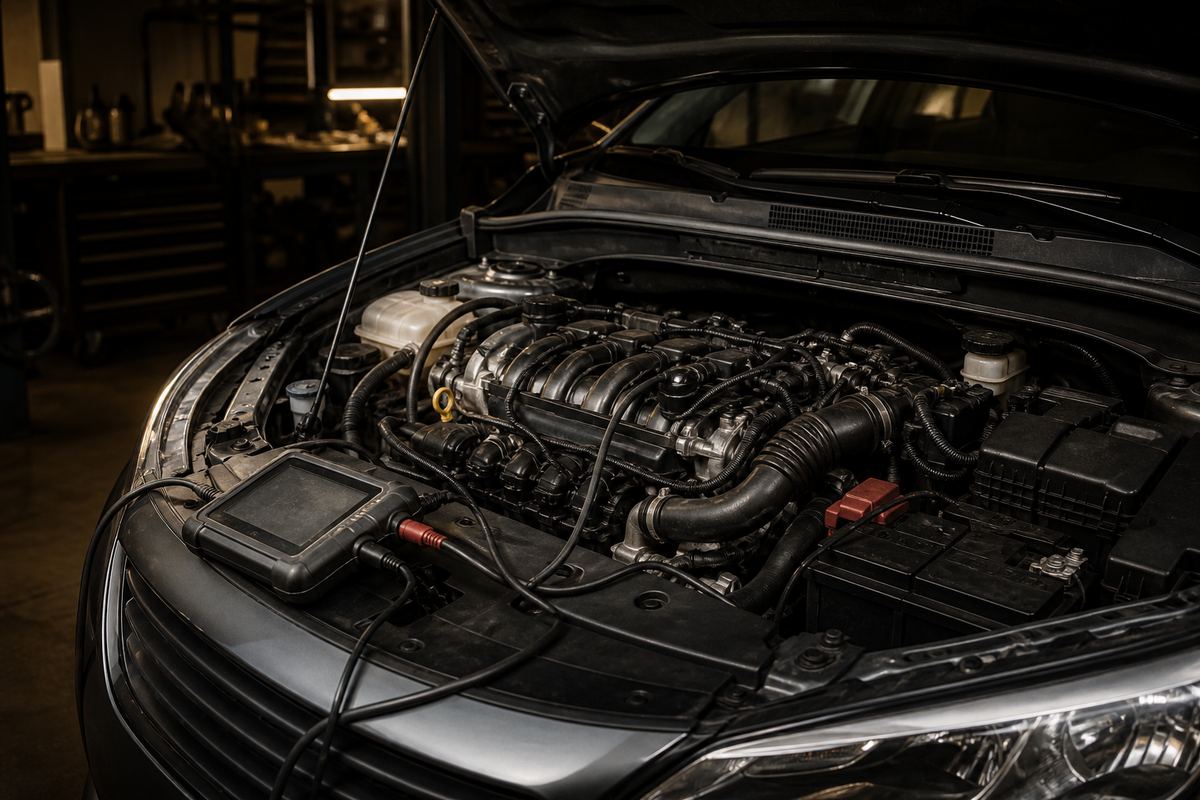 Offener Motorraum mit angeschlossenem Diagnosegerät