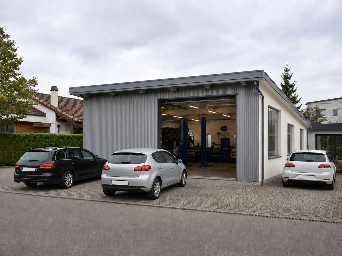 Kleine Autowerkstatt mit offenem Tor und Kundenparkplätzen